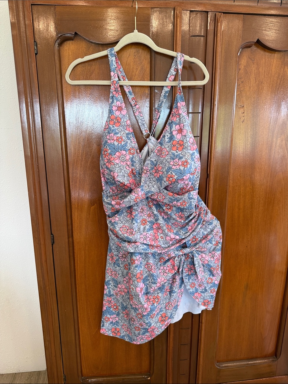 Floral Twist-Front Swimdress in Pink and Blue